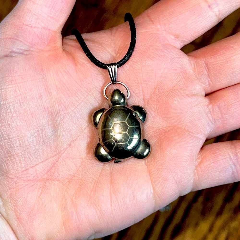 Handmade pyrite turtle necklace crystal gem stone healing witch pendant boho